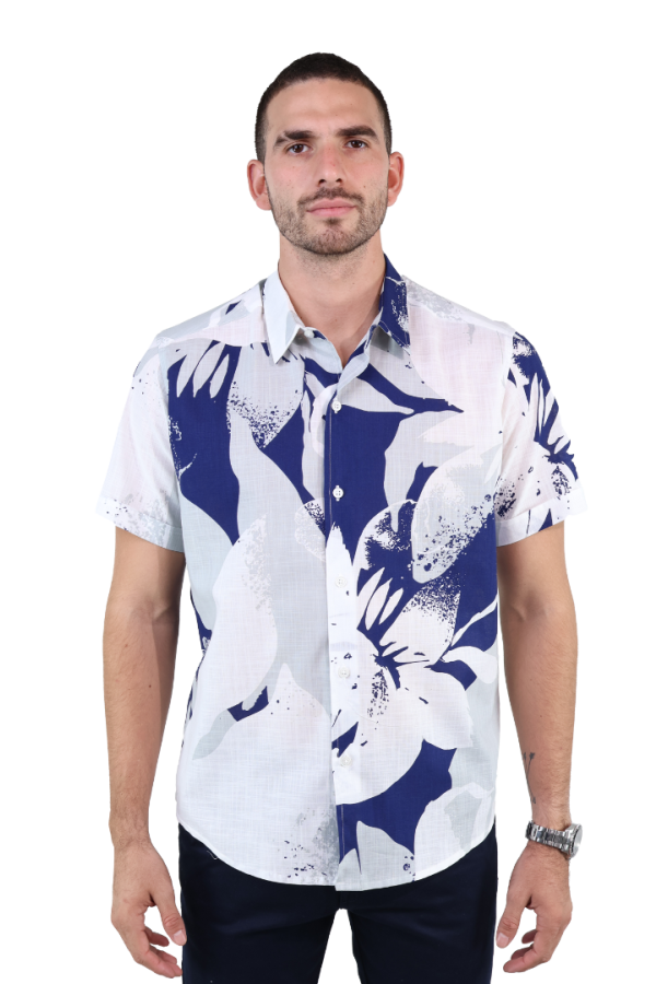 Camisa Slim Fit Manga Corta Look De Lino Estampado Floral Para Caballero